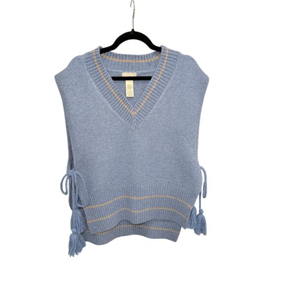 Free People All Star Striped Knit Poncho Vest Blue One Size Tassel Tie Sides - Picture 3 of 14